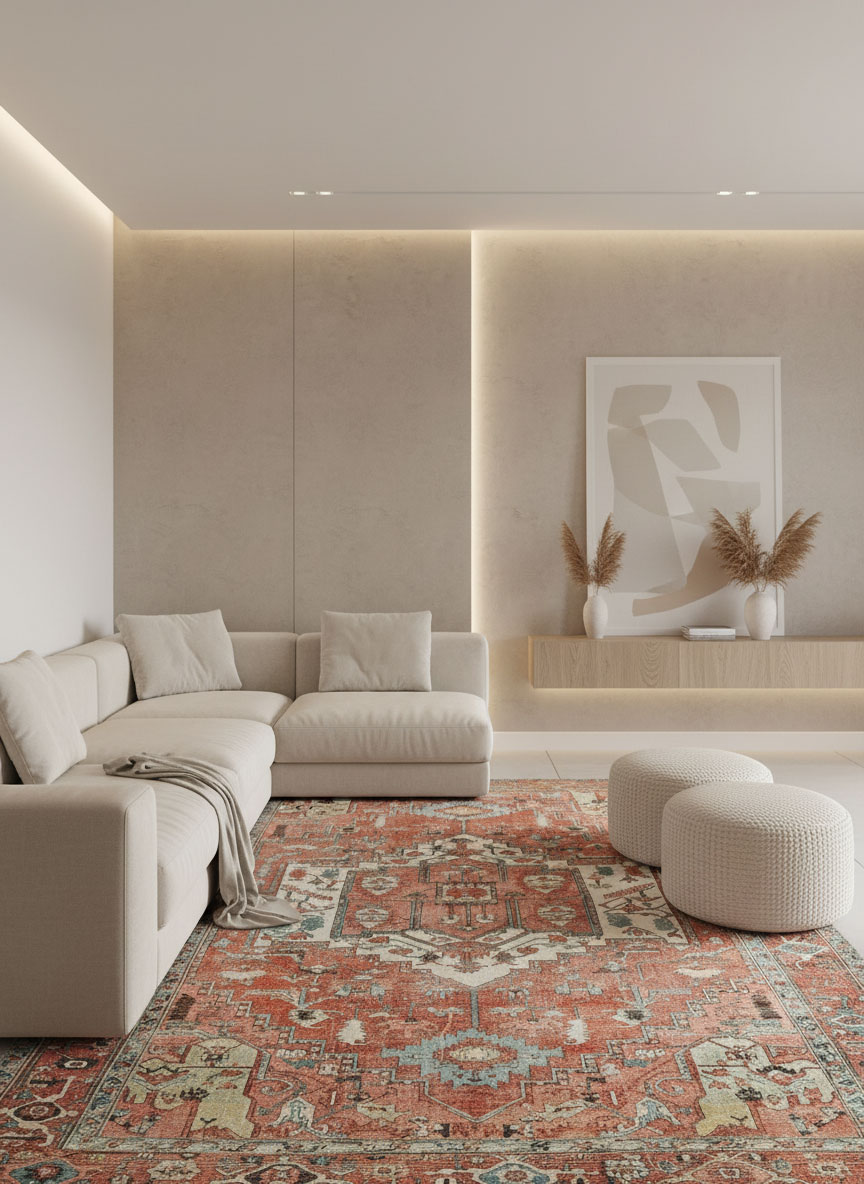 שטיח וינטג' אדום כתום בסלון בהיר