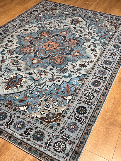 שטיח קשמיר וינטד' מדליון בגווני אפור וכחול ג'ינס