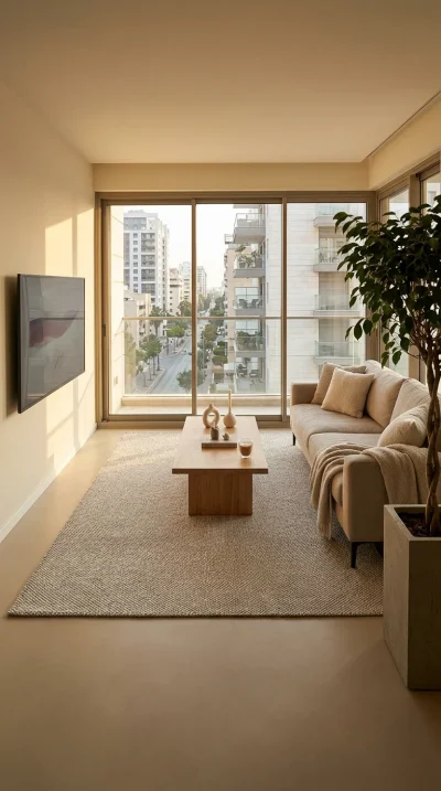שטיח NATURE לולאות נס קפה DBDB, spacious, bright living room on the 10th floor of a contemporary apartment building, Scand...