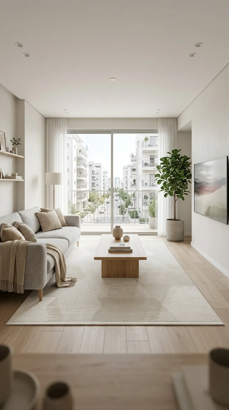 לגוס קרם 21, spacious, bright living room on the 10th floor of a contemporary apartment building, Scandi Neutrals, lifesty...