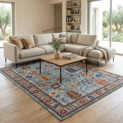 שטיח וינטג' אפור תכלת 2087-01, Scandi Neutrals, lifestyle props, Soft Window Light.