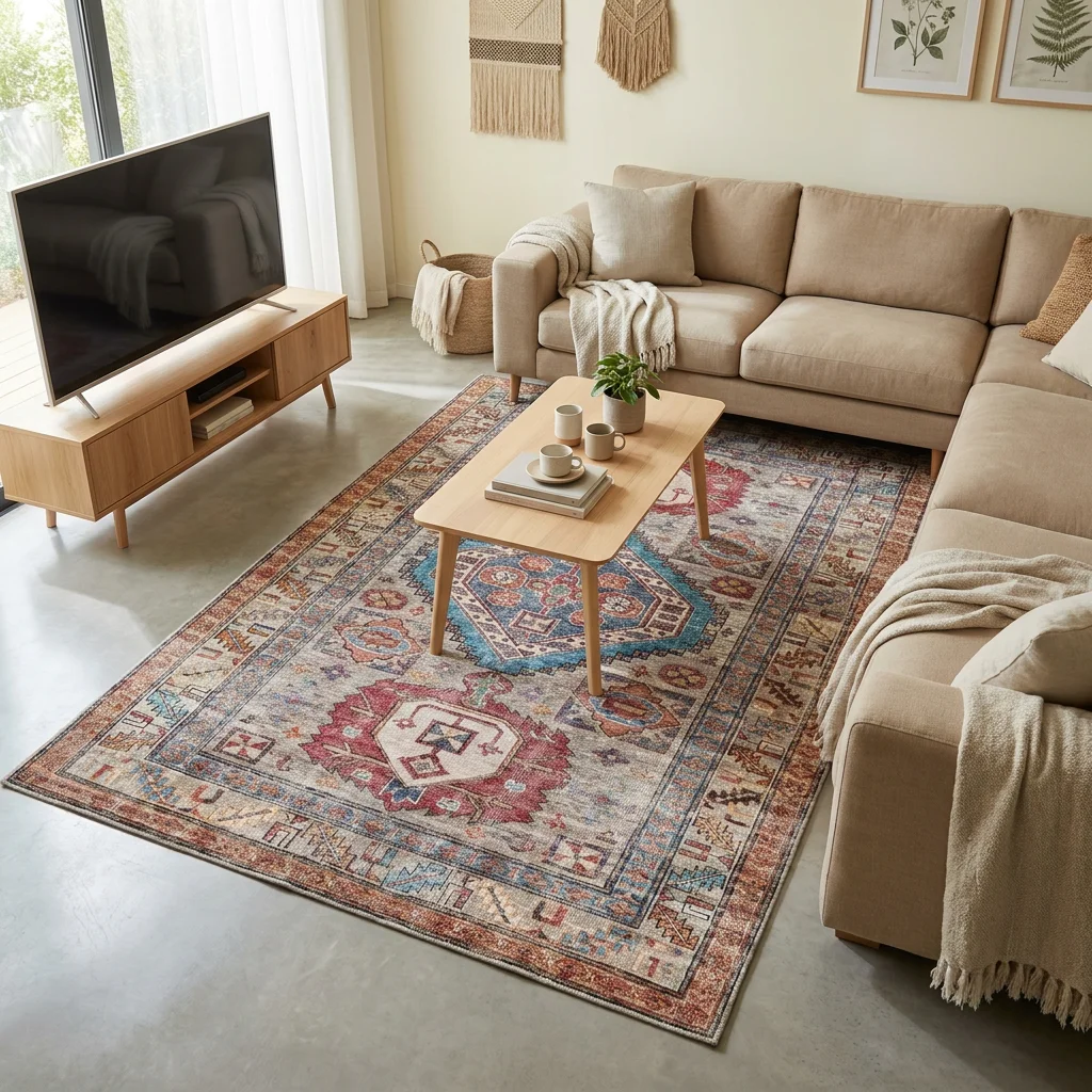 שטיח וינטג' קזאק 5191-01, Scandi Neutrals, lifestyle props, Soft Window Light.