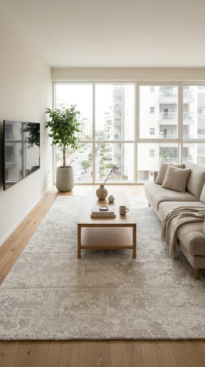 לגוס 913 מעונן, spacious, bright living room on the 10th floor of a contemporary apartment building, Scandi Neutrals, life...
