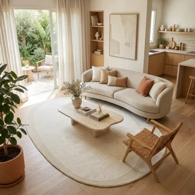 שטיח FLOW אמורפי דגם NOVA 7697, Israeli Garden Apartment, lifestyle props, Soft, sunny daylight filtering through large gl...