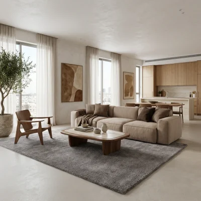 שטיח קומפורט אפור 01, Quiet Luxury (Mocha & Espresso), lifestyle props, Quiet Luxury (Mocha & Espresso), Soft Window Light.