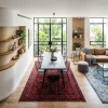 שטיח בוכרי BHR 05 עבודת מכונה, Contemporary Blue and Wood, Natural Daylight, styled props.