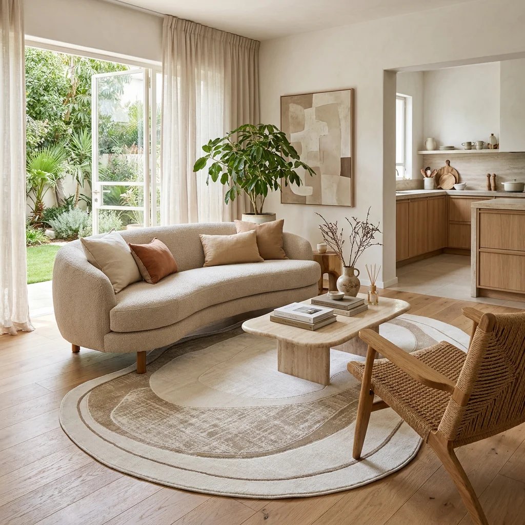 שטיח FLOW אמורפי דגם LAGO 7700, Israeli Garden Apartment Living Room, Scandi Neutrals, lifestyle props, soft sunny dayligh...