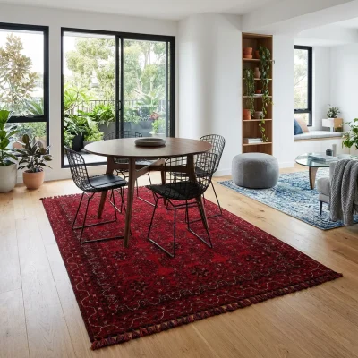 שטיח בוכרי BHR 02 עבודת מכונה XXL, Contemporary Blue and Wood, Natural Daylight, styled props.