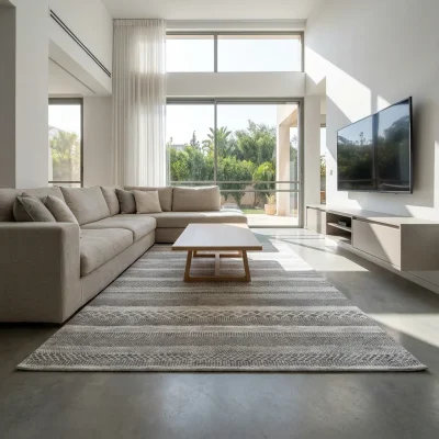 שטיח בלגי דגם בריסל 15, Modern Villa Living Room, Sharon Region, lifestyle props, Modern Israeli Villa Aesthetic, Clear Su...