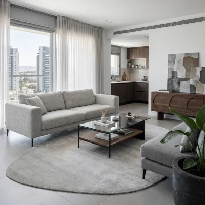 שטיח FLOW אמורפי דגם ZEN 03 GREY, lifestyle props, Soft Window Light, Contemporary Israeli Lived-in Elegance.