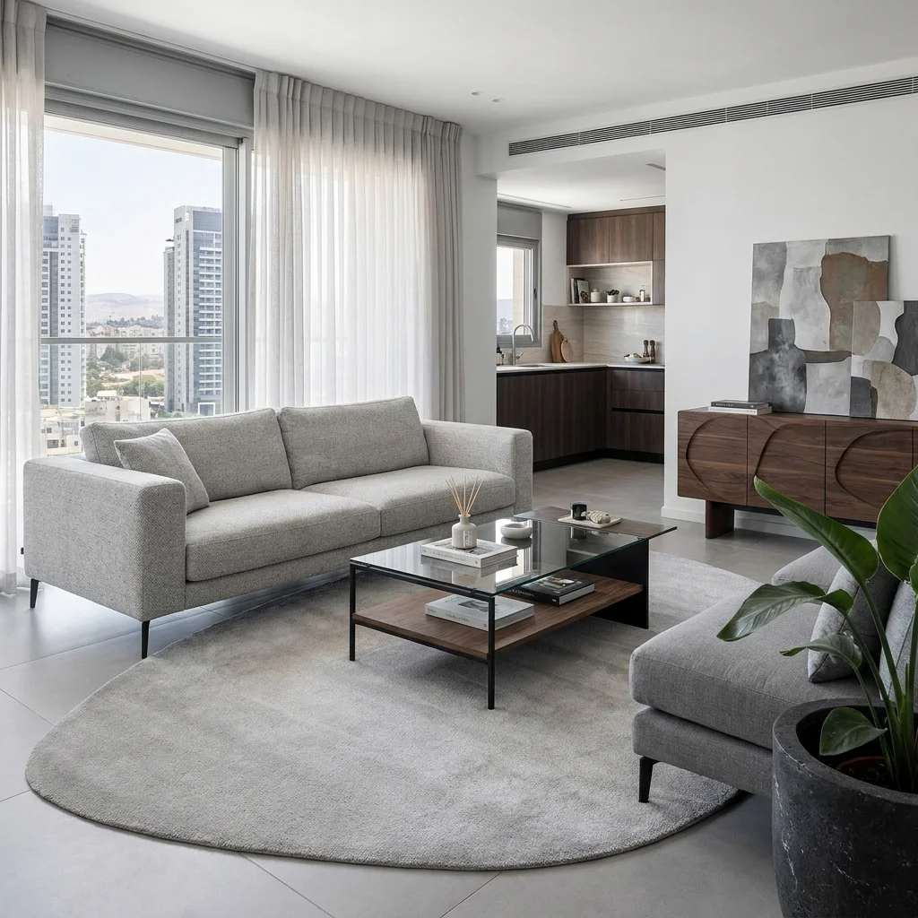 שטיח FLOW אמורפי דגם ZEN 03 GREY, lifestyle props, Soft Window Light, Contemporary Israeli Lived-in Elegance.