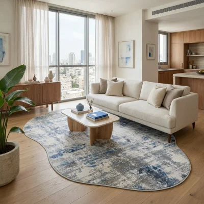 שטיח FLOW אמורפי דגם לגוס 09 אקווה, lifestyle props, Warm Contemporary Quiet Luxury, Soft Window Light.