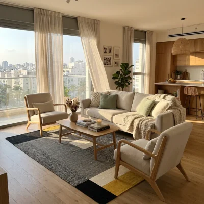 SALE שטיח כותנה עבודת יד קוביות חרדל שחור RU 96, Modern Israeli Apartment Living Room, mid-to-high floor, lifestyle props,...