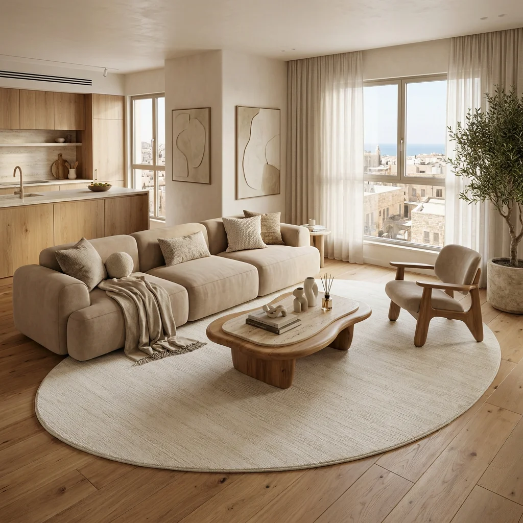 שטיח FLOW אמורפי דגם DROP 80305, High-floor Israeli apartment living room, Quiet Luxury (Mocha & Espresso), lifestyle prop...