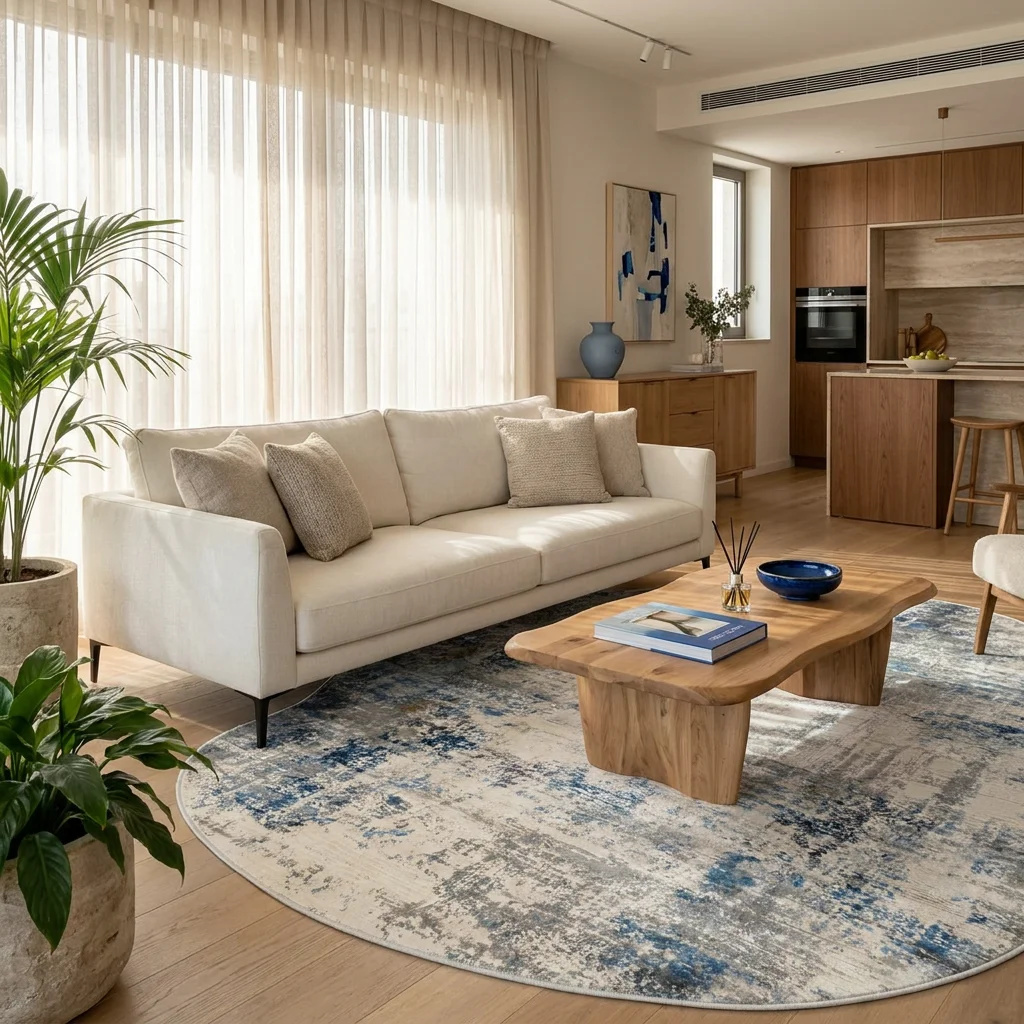 שטיח FLOW אמורפי דגם לגוס 09 אקווה, Sophisticated Israeli apartment living room in a high-rise building, lifestyle props, ...