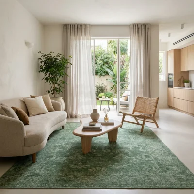 שטיח שיראז 02 OLIVE, Scandi Neutrals, lifestyle props, Soft Window Light.
