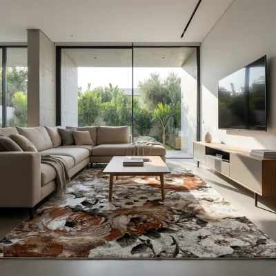 שטיח בלגי דגם בריסל 41, Modern Villa Living Room, Sharon Region, lifestyle props, Modern Israeli Villa Aesthetic, Clear Su...