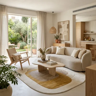 שטיח FLOW אמורפי דגם RETRO 7698, Israeli Garden Apartment, lifestyle props, Soft, sunny daylight filtering through large g...