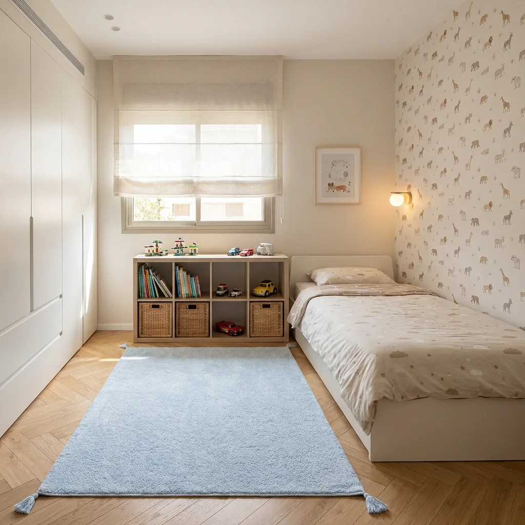 שטיח ילדים בונבון תכלת חלק, Scandi Neutrals, lifestyle props, Soft Window Light.