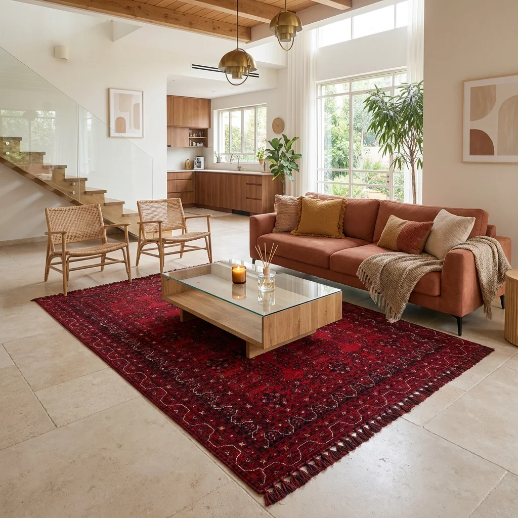 שטיח בוכרי BHR 02 עבודת מכונה, Earthy Organic, lifestyle props, Dreamy Morning Glow.