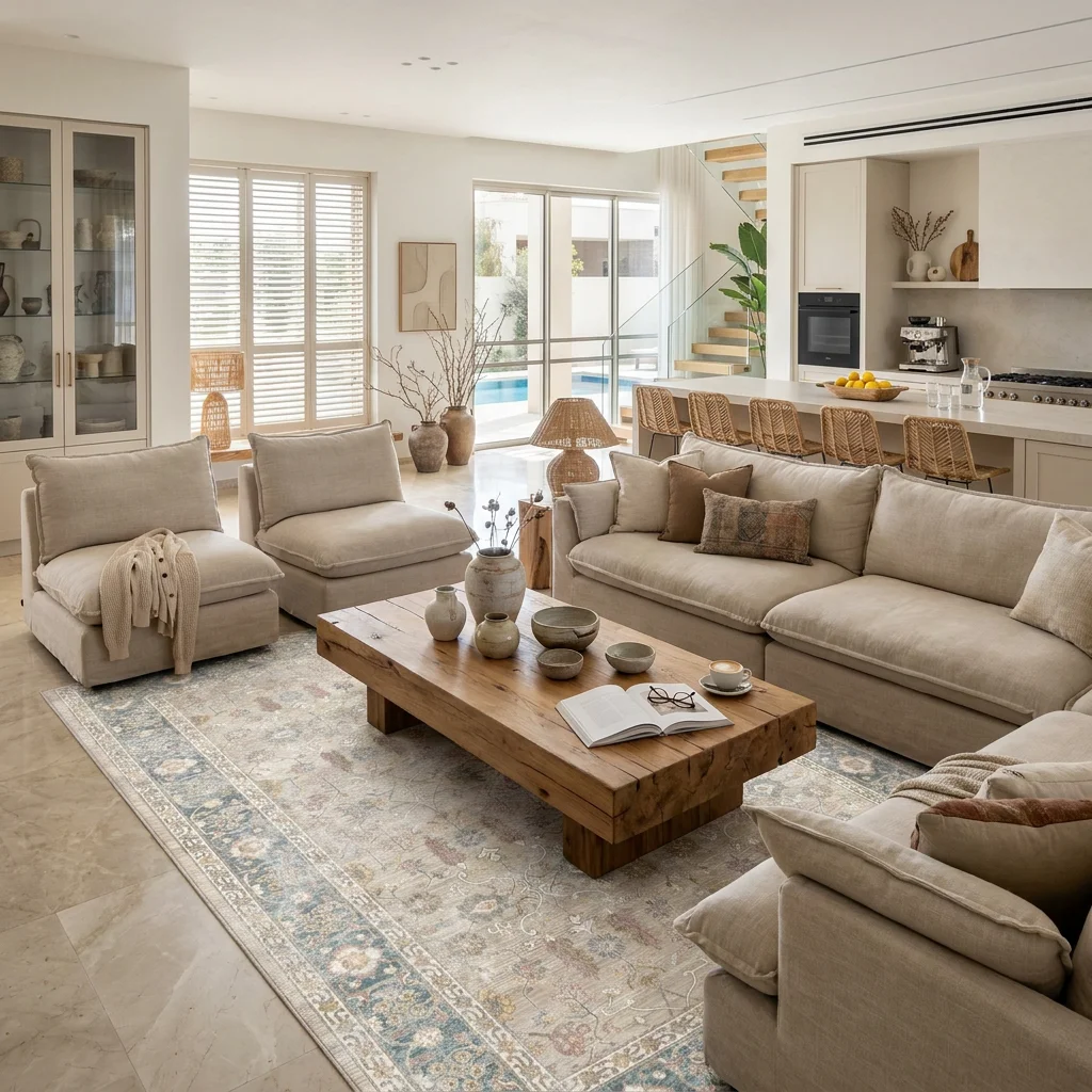 שטיח וינטג' בהיר 1767-02, Golden Hour (Sunwashed), excessive props, High-End Desert Lodge, Dreamy Morning Glow.