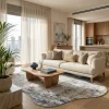 שטיח FLOW אמורפי דגם לגוס 09, Sophisticated Israeli apartment living room in a high-rise building, lifestyle props, Sophis...