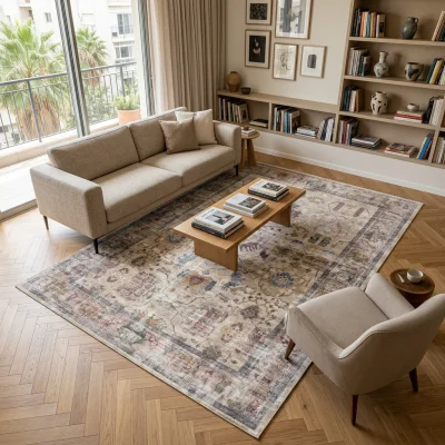 שטיח וינטג' 2089-01, Bright, contemporary Israeli apartment living room, Scandi Neutrals, Clear Sunny Day, lifestyle props.