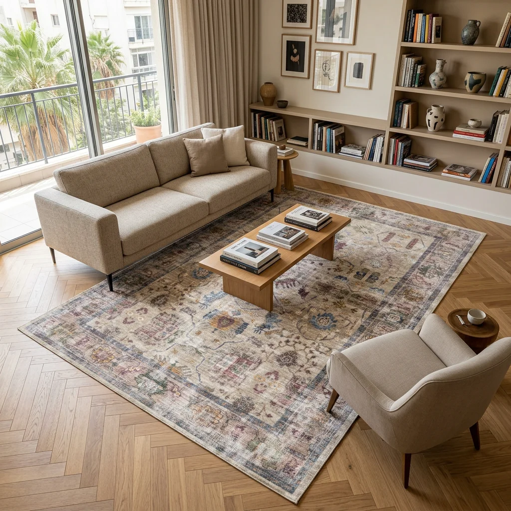 שטיח וינטג' 2089-01, Bright, contemporary Israeli apartment living room, Scandi Neutrals, Clear Sunny Day, lifestyle props.