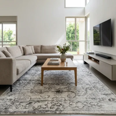 שטיח בלגי דגם בריסל 16, Modern Villa Living Room, Sharon Region, lifestyle props, Modern Israeli Villa Aesthetic, Clear Su...