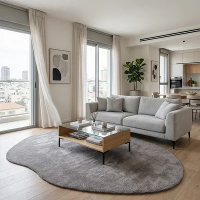 שטיח FLOW אמורפי דגם ZEN 02 ANTHRACITE, Scandi Neutrals, Soft Window Light, lifestyle props.