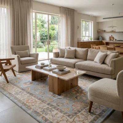 שטיח אליסטה 203 OCEAN, Scandi Neutrals, lifestyle props, Soft Window Light.