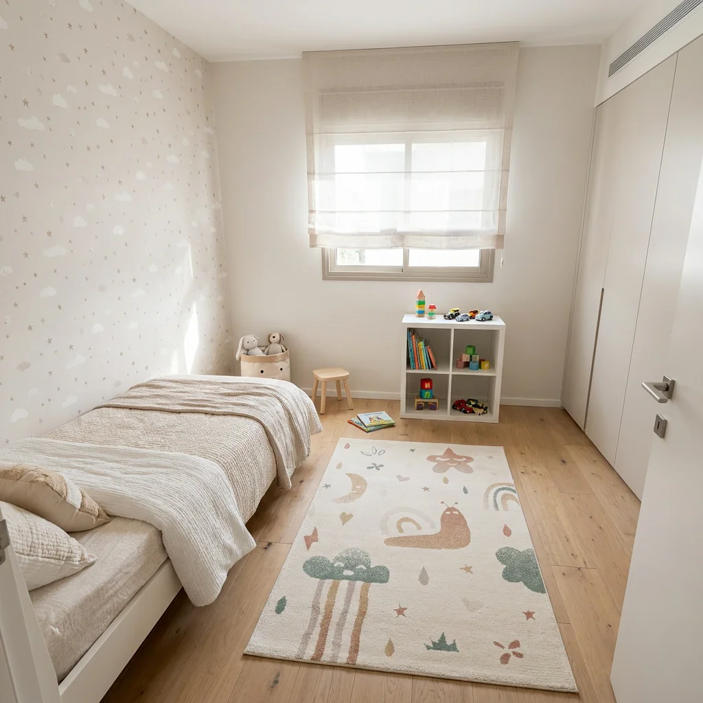 שטיח פיקולי 06, Israeli Children's Bedroom, Scandi Neutrals, lifestyle props, Soft Window Light.