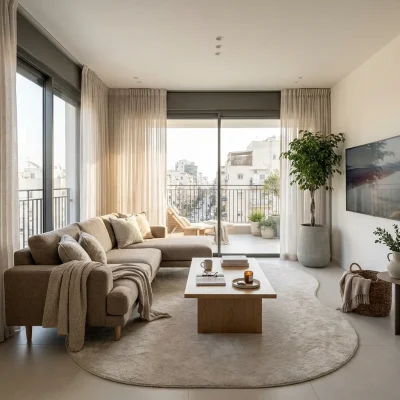 שטיח FLOW אמורפי דגם ZEN 01 L.STONE, Scandi Neutrals, Flat Cloudy Sky, lifestyle props.