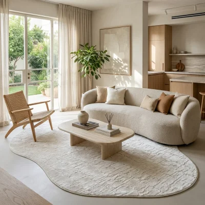 שטיח FLOW אמורפי דגם האסקי 01, Israeli Garden Apartment, lifestyle props, Soft, sunny daylight filtering through large gla...