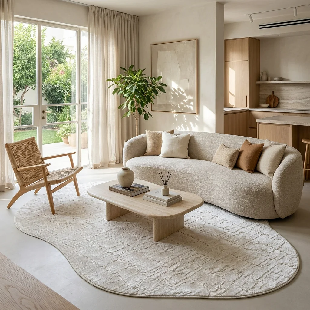 שטיח FLOW אמורפי דגם האסקי 01, Israeli Garden Apartment, lifestyle props, Soft, sunny daylight filtering through large gla...