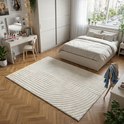 שטיח LUX_27 קרם, Israeli Teenager's Bedroom, Soft Window Light, lifestyle props.
