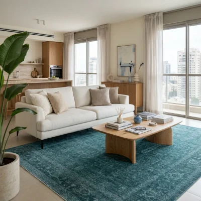 שטיח שיראז 03 LAGOON, Scandi Neutrals, lifestyle props, Soft Window Light.