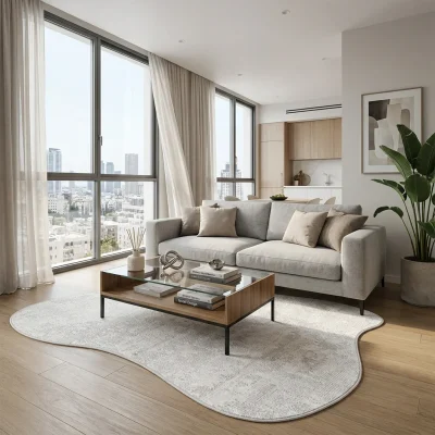 שטיח FLOW אמורפי דגם לגוס 913, Scandi Neutrals, Soft Window Light, lifestyle props.