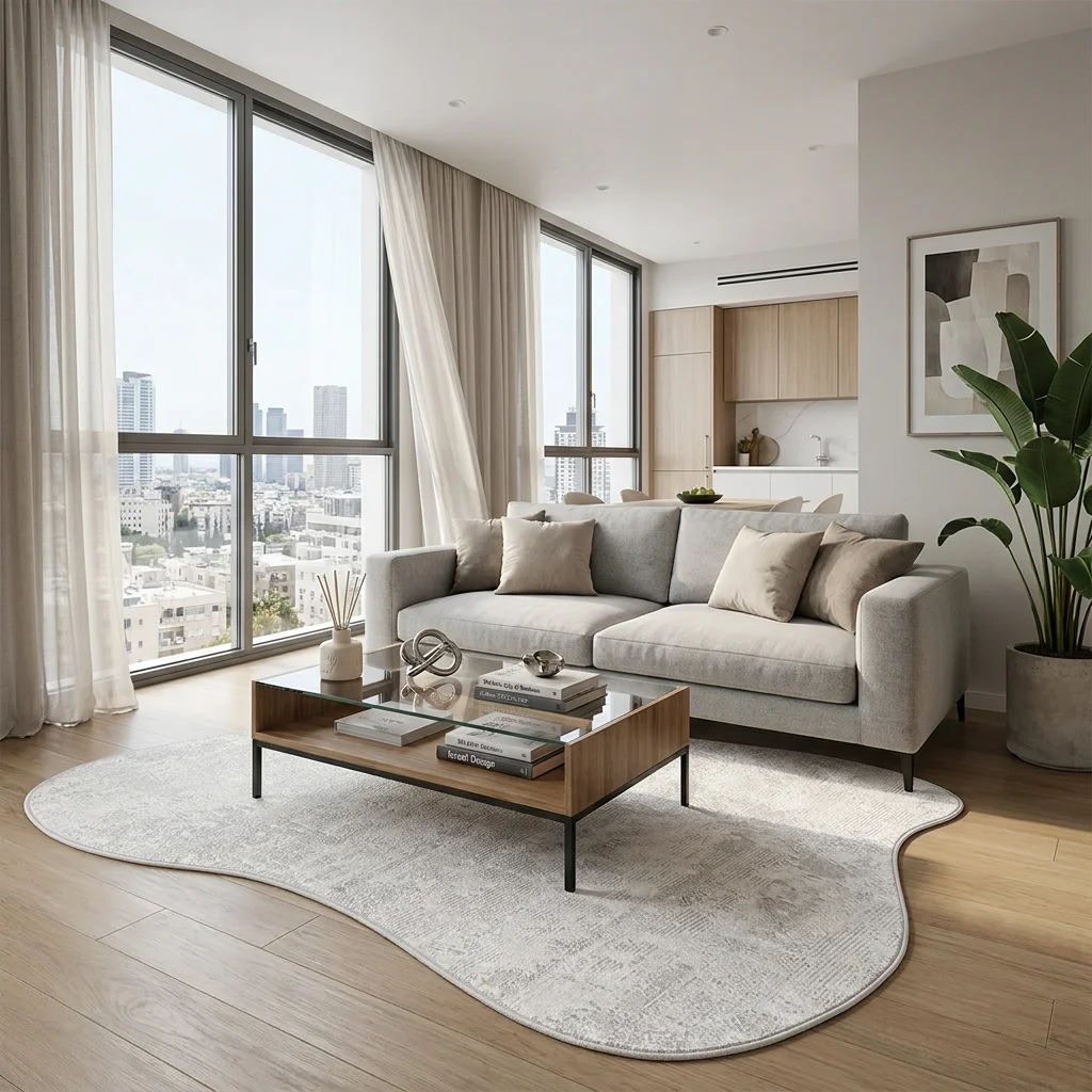 שטיח FLOW אמורפי דגם לגוס 913, Scandi Neutrals, Soft Window Light, lifestyle props.