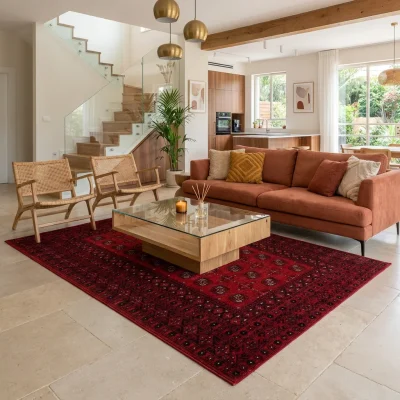 שטיח בוכרי BHR 04 עבודת מכונה, Earthy Organic, lifestyle props, Dreamy Morning Glow.
