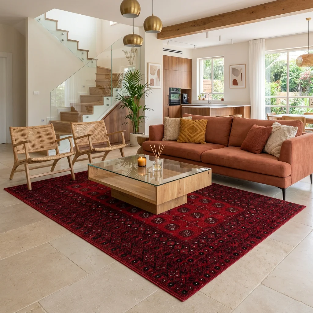 שטיח בוכרי BHR 04 עבודת מכונה, Earthy Organic, lifestyle props, Dreamy Morning Glow.