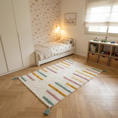 שטיח ילדים בונבון 03 מולטי, Scandi Neutrals, lifestyle props, Soft Window Light.