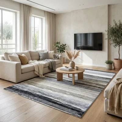 שטיח בלגי דגם בריסל 220, Scandi Neutrals, lifestyle props, Soft Window Light.