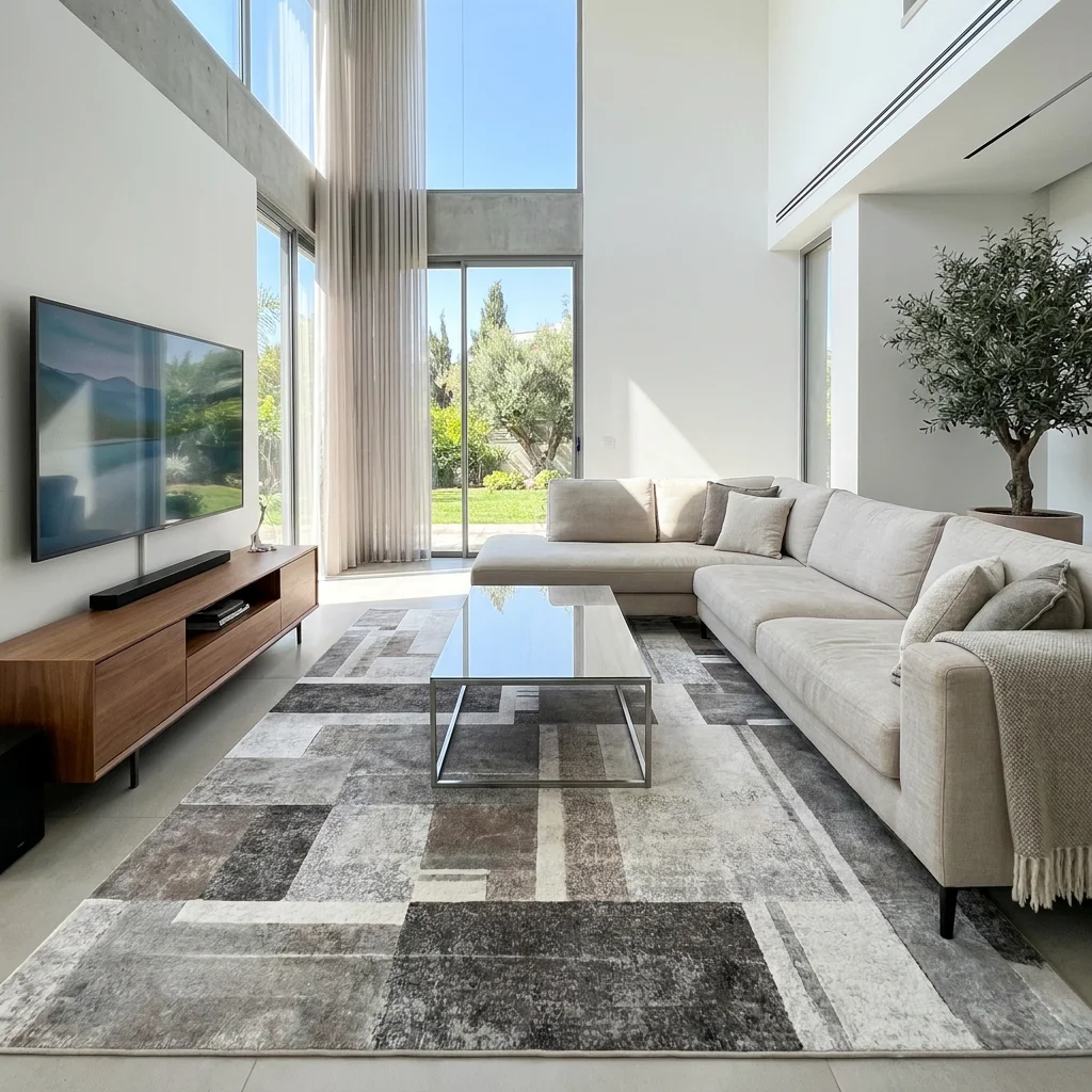 שטיח בלגי דגם בריסל 14, Modern Villa Living Room, Sharon Region, lifestyle props, Modern Israeli Villa Aesthetic, Bright C...