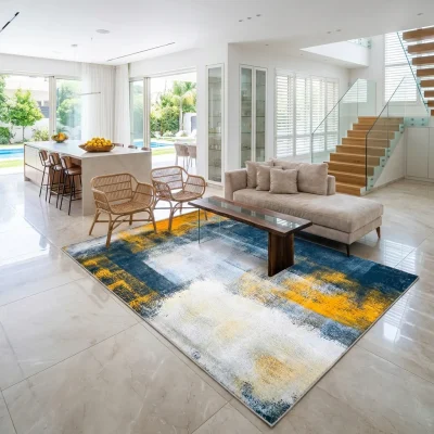 שטיח לוקה SALE LUCCA 240, Luxurious open-plan living room in a modern Israeli villa, featuring a huge kitchen with a mass...
