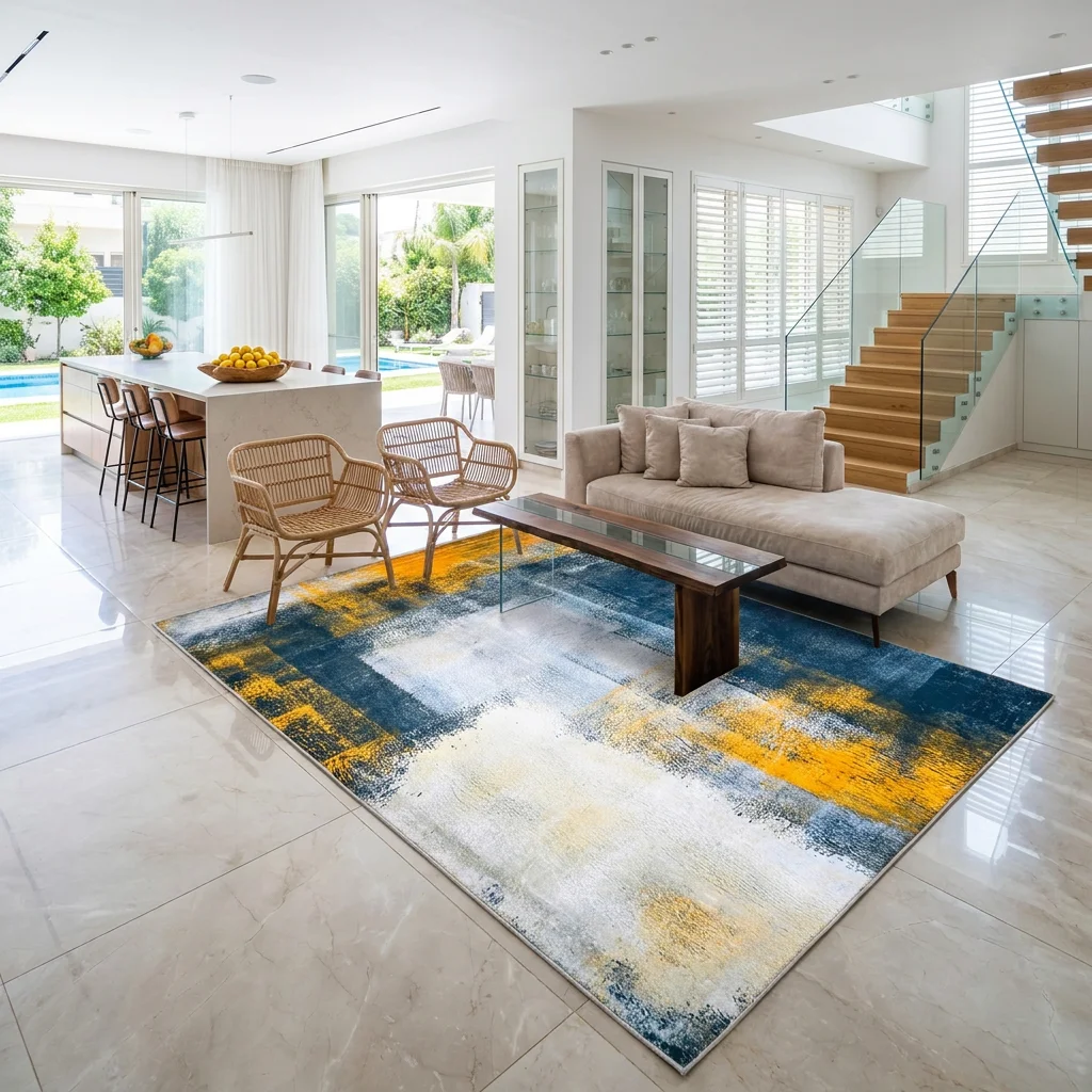 שטיח לוקה SALE LUCCA 240, Luxurious open-plan living room in a modern Israeli villa, featuring a huge kitchen with a mass...