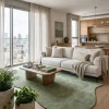 שטיח FLOW אמורפי דגם ZEN 01 OLIVE, Israeli apartment living room in a high-rise building, lifestyle props.