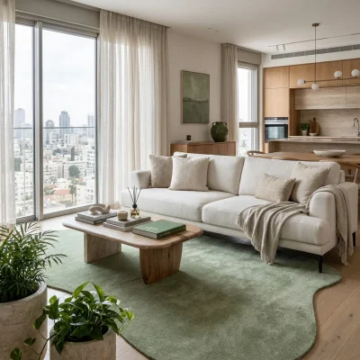 שטיח FLOW אמורפי דגם ZEN 01 OLIVE, Israeli apartment living room in a high-rise building, lifestyle props.