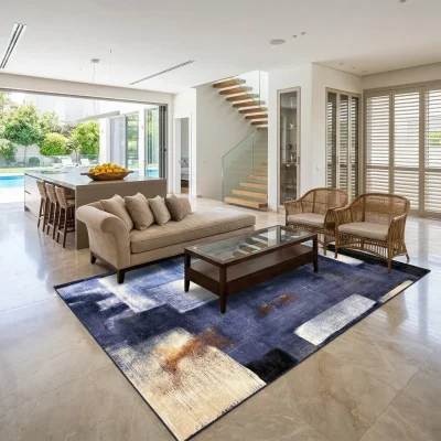 שטיח לוקה SALE LUCCA 206, Luxurious open-plan living room in a modern Israeli villa, featuring a huge kitchen with a mass...