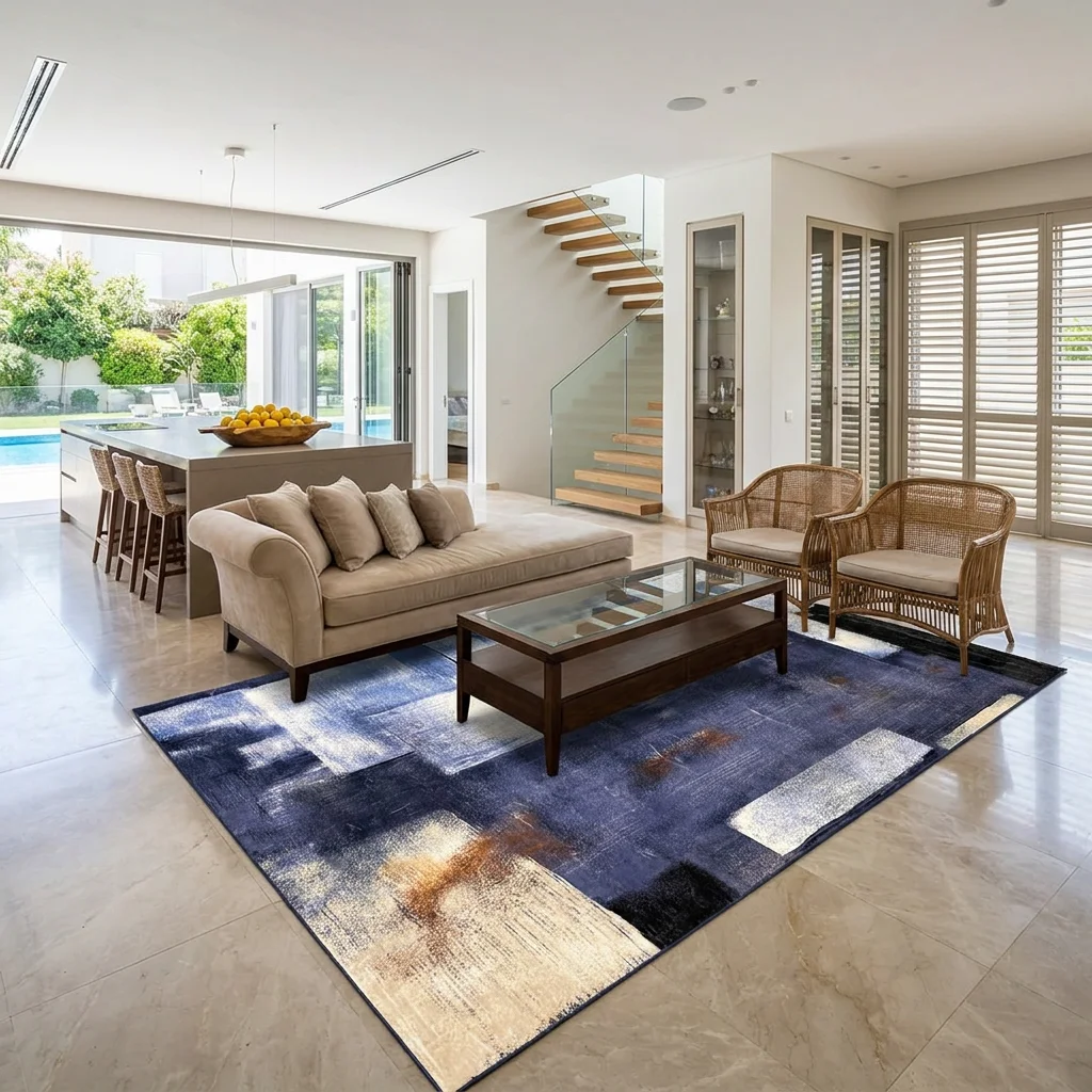 שטיח לוקה SALE LUCCA 206, Luxurious open-plan living room in a modern Israeli villa, featuring a huge kitchen with a mass...
